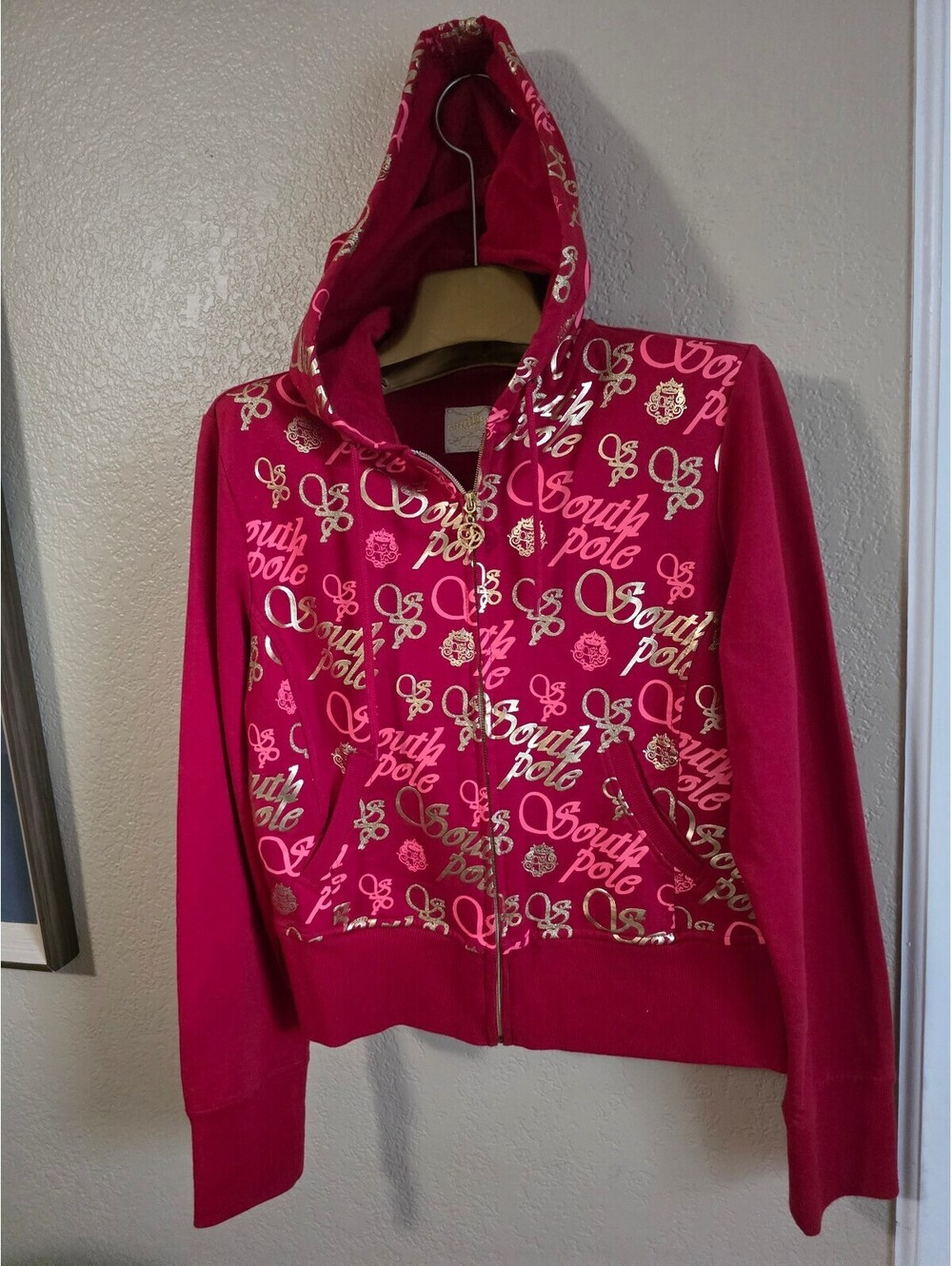 Y2K South Pole Women's Red and Pink Logo Print Zip-Up Hoodie Jacket Size XL
